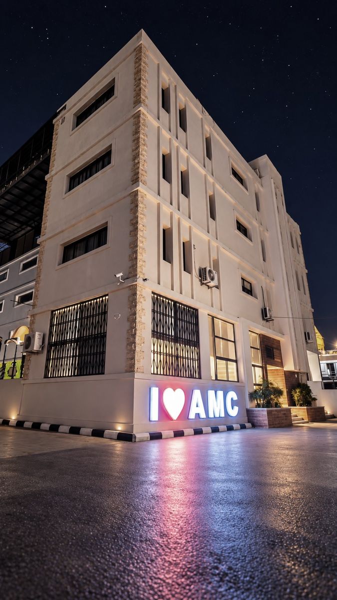 The AMC building lit up at night with the I love AMC sign