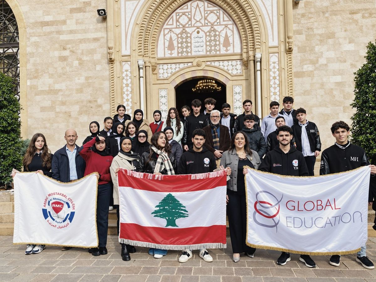 AMC students and staff with the AMC, Lebanese and Global Education flags
